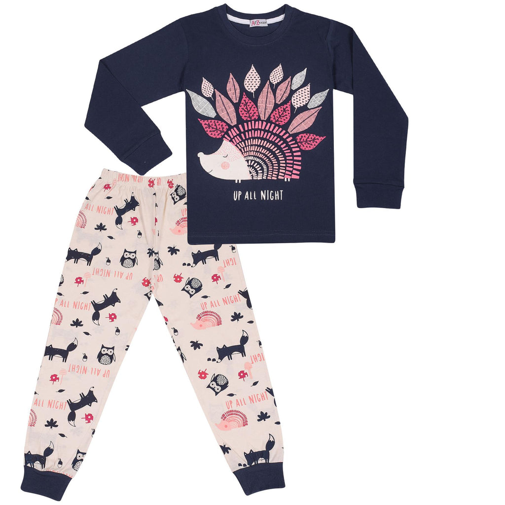 Kids Girls Pyjamas Navy Up All Night Print Contrast PJs Set Lounge Suit
