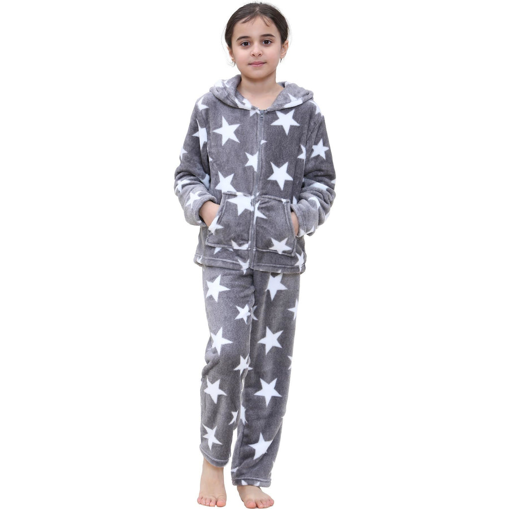 Kids Girls Stars Print Pyjama Extra Soft Zipped Flannel Fleece PJS Outfit Set