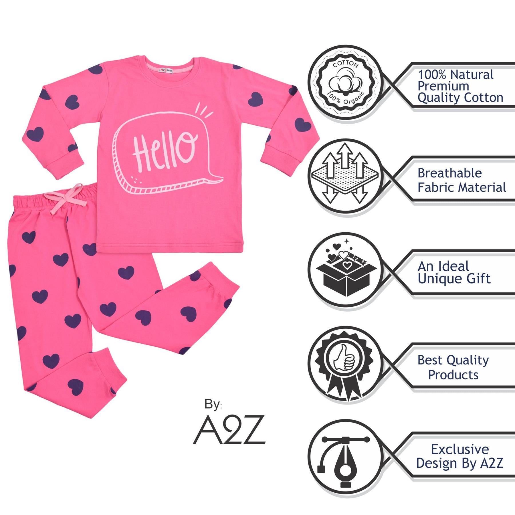 Kids Girls Hello Pyjamas Children Pink PJs 2 Piece Cotton Set Lounge Suit