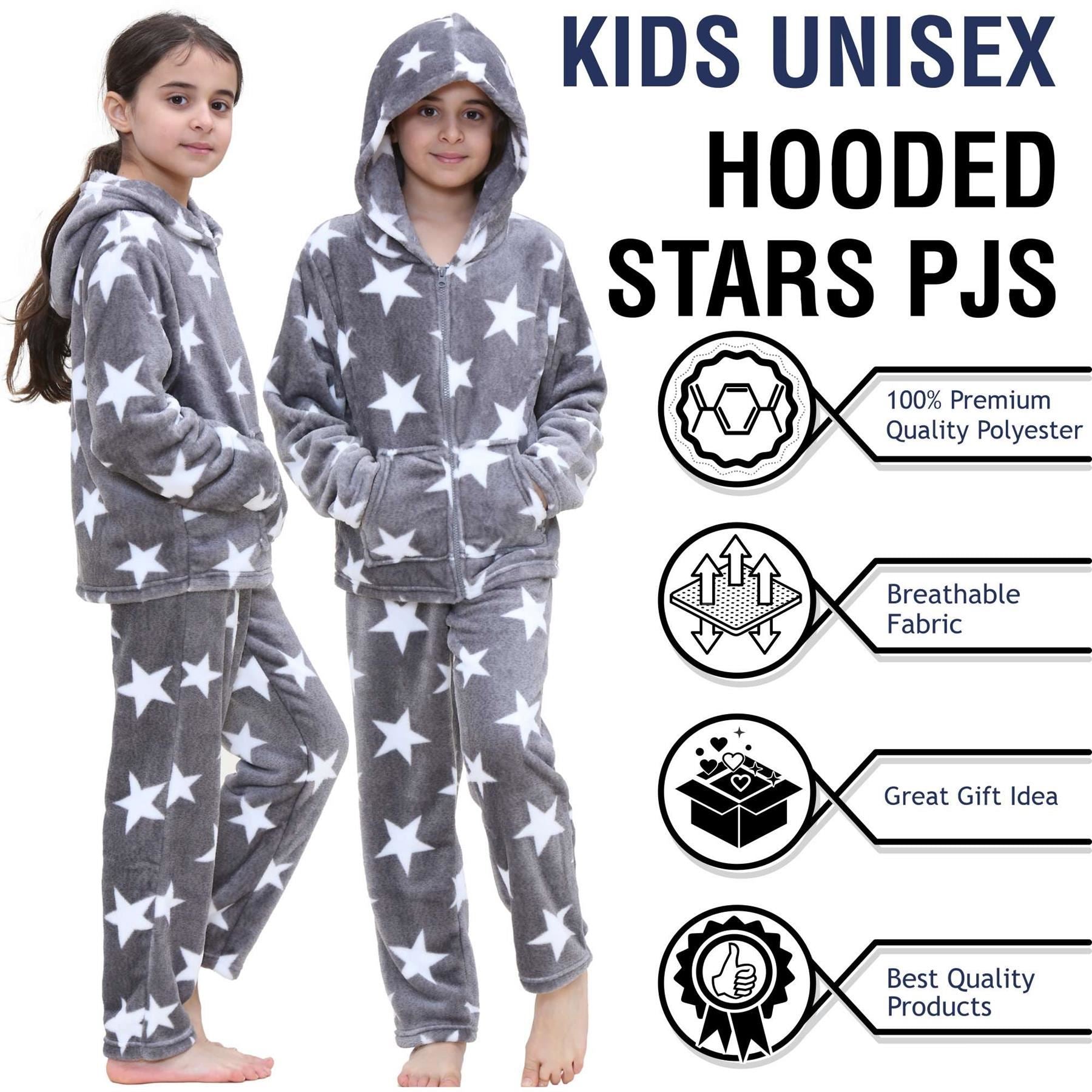 Kids Girls Stars Print Pyjama Extra Soft Zipped Flannel Fleece PJS Outfit Set