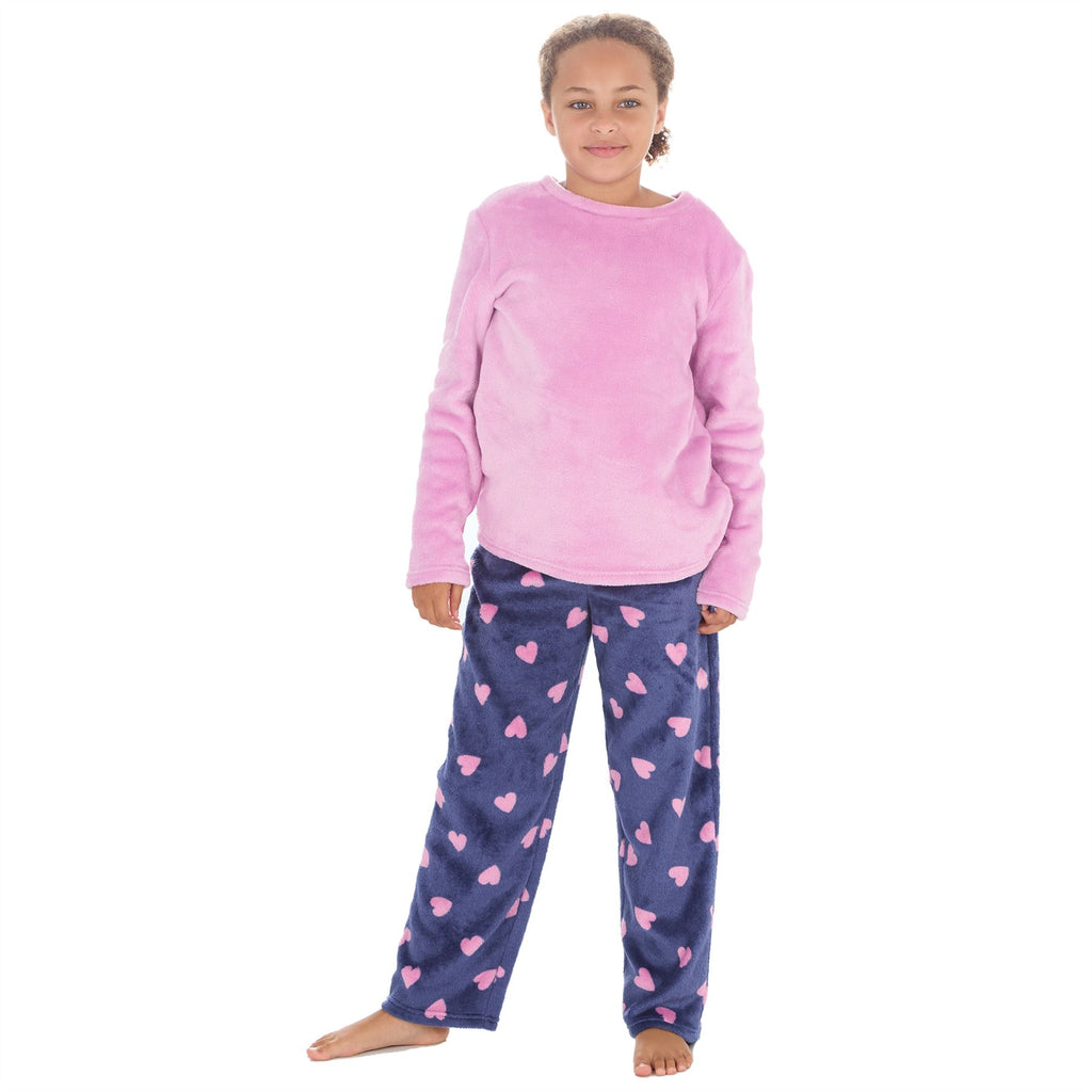 Girls Kids Fleece Pyjamas Check/Hearts Pyjama Set Childs PJs Age 9-13 Years
