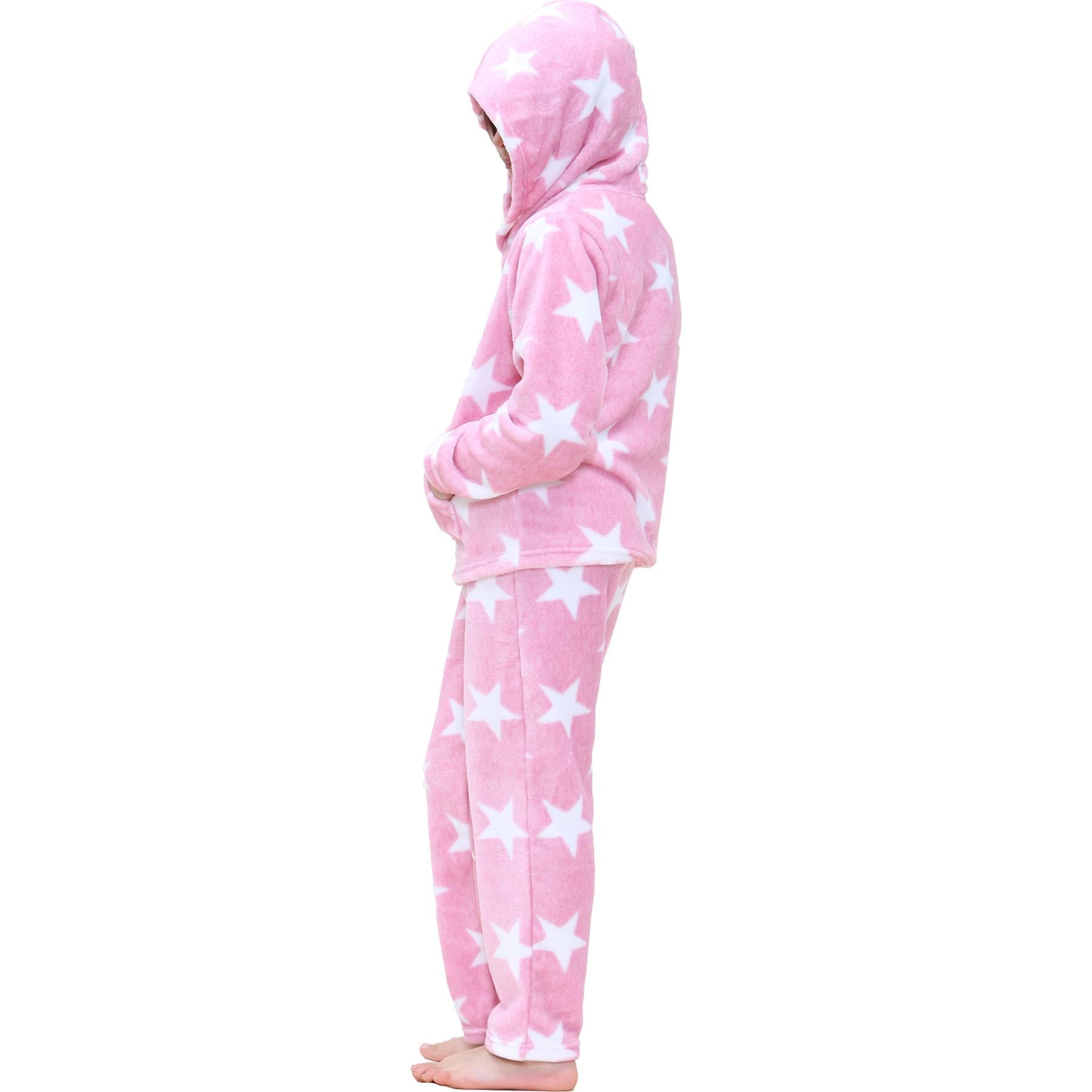 Kids Girls Stars Print Pyjama Extra Soft Zipped Flannel Fleece PJS Outfit Set
