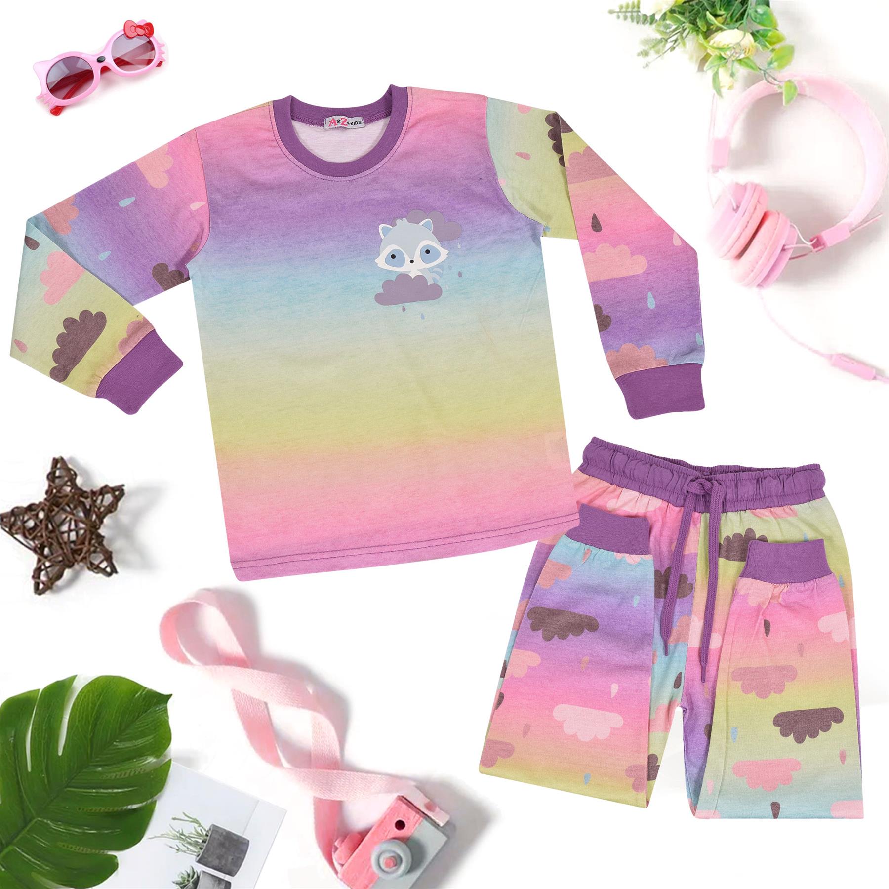 Kids Girls Pyjamas Cloud Print Contrast Top Bottom Rainbow Sleepwear Set 2-13 Yr
