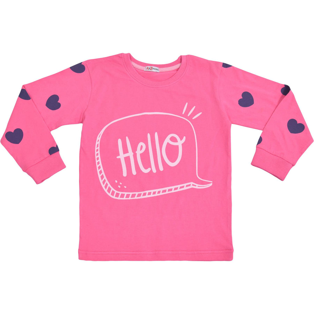 Kids Girls Hello Pyjamas Children Pink PJs 2 Piece Cotton Set Lounge Suit