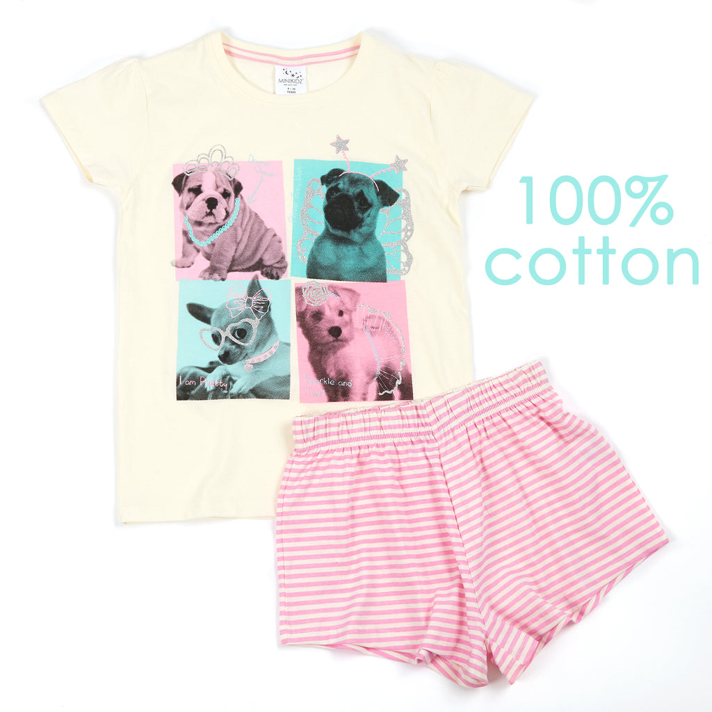 Kids Girls 100% Cotton Pyjamas Set Pug Stripe Print T-Shirt & Shorts Nightwear