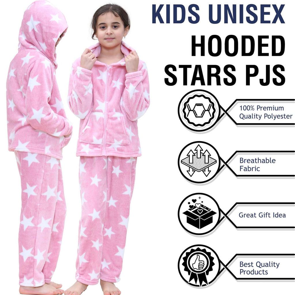 Kids Girls Stars Print Pyjama Extra Soft Zipped Flannel Fleece PJS Outfit Set