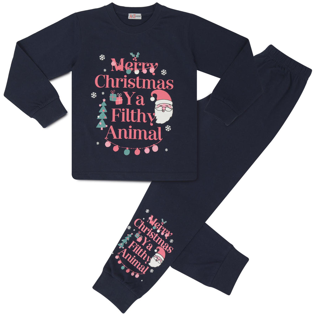 Kids Girls Christmas Pyjamas Navy Ya Filthy Animal PJs Xmas Set Lounge Suit 2-13