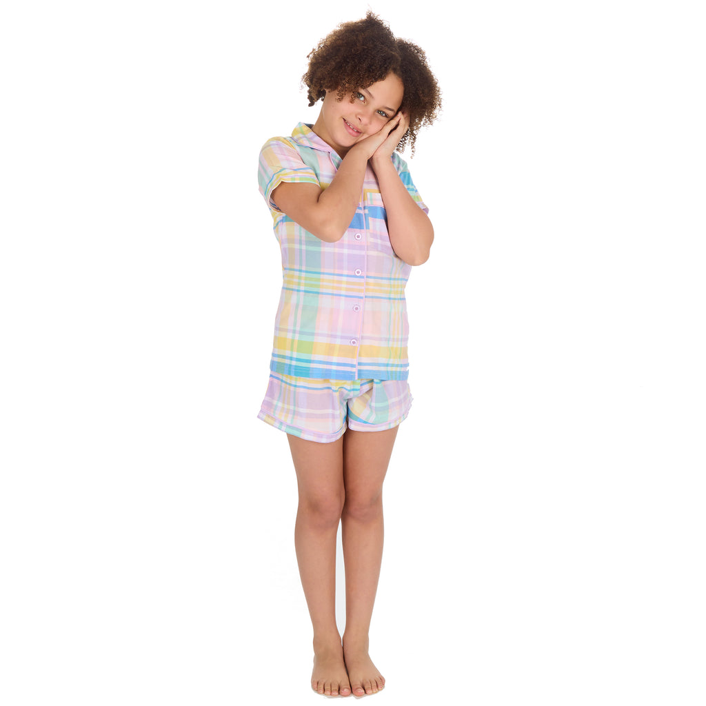 Kids Girls Checked Pyjamas Set 2-Piece Button Up Summer Holiday PJ's 9-13 Years