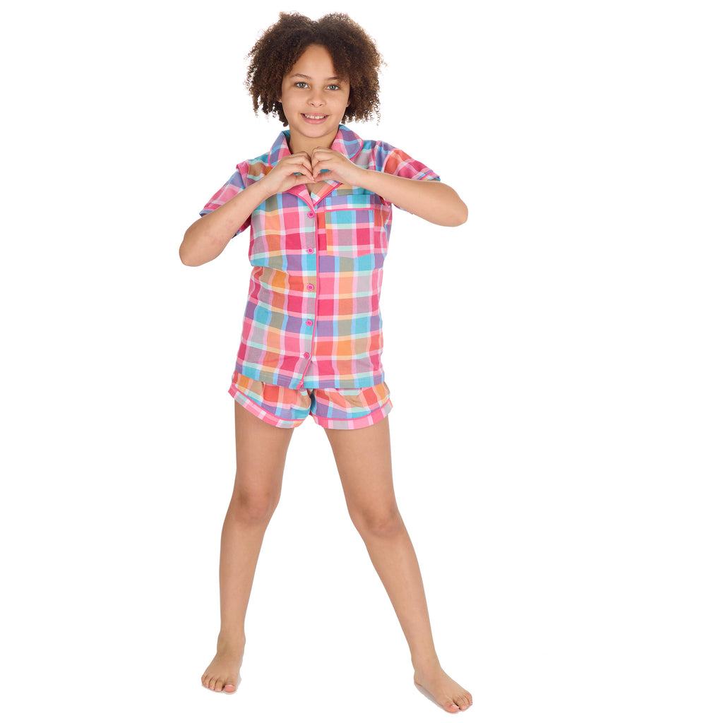 Kids Girls Checked Pyjamas Set 2-Piece Button Up Summer Holiday PJ's 9-13 Years