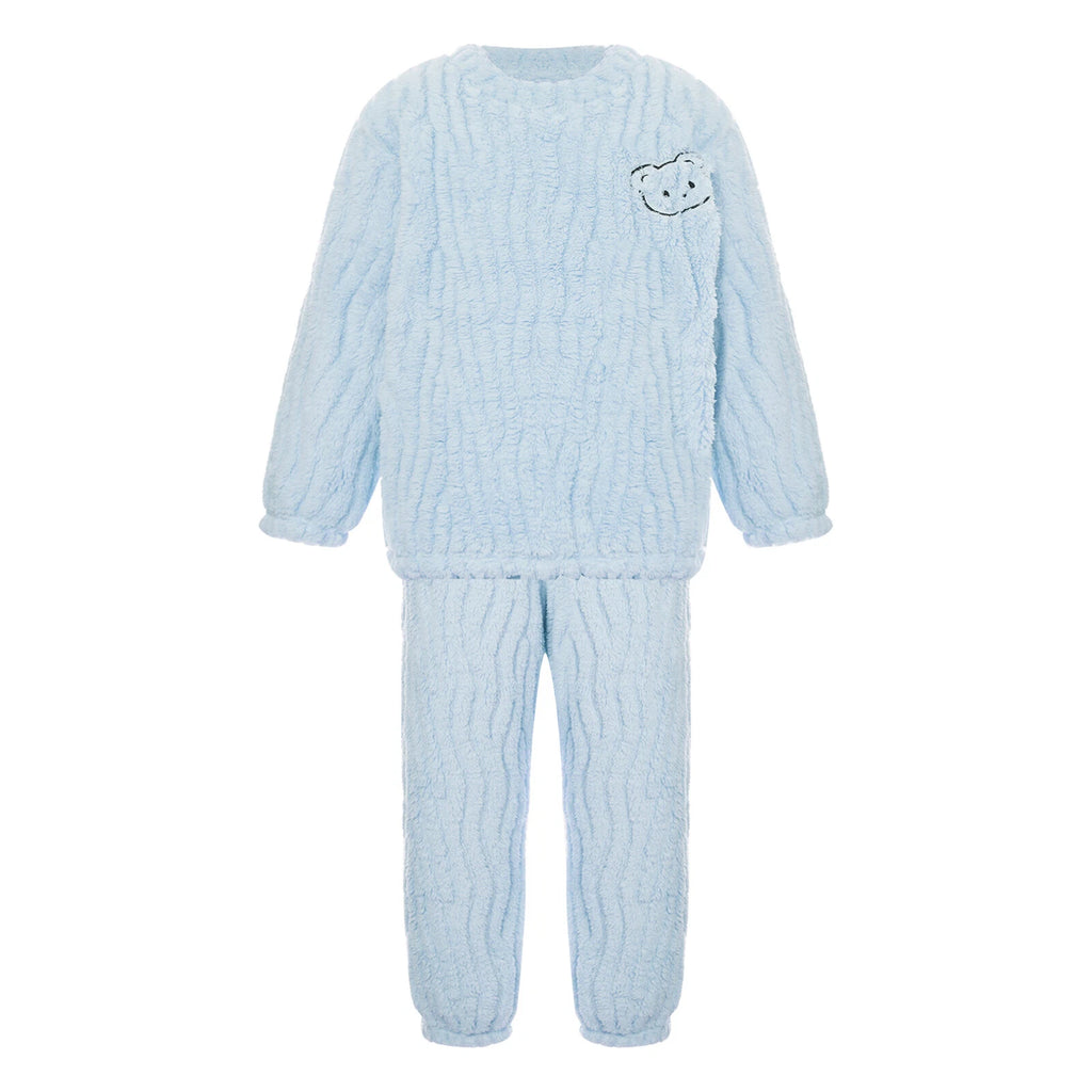 Kids Pajamas Set Flannel Sleepwear Bear Tops Pullover with Plush Pants Trousers