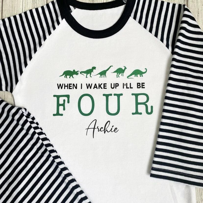 when i wake up i will be one, two three, four five dinosaur pyjamas birthday pjs