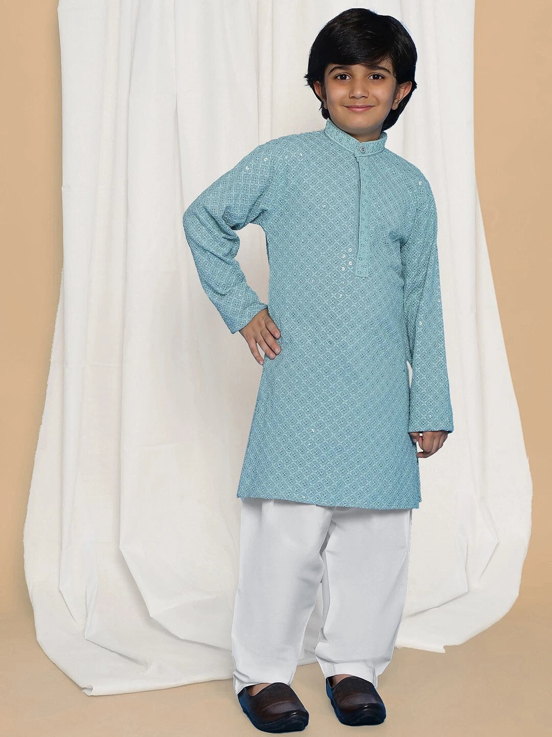 Kids Ethnic Mirror Work Cotton Kurta Pyjama Set/Party Wear Chikankari Kurta