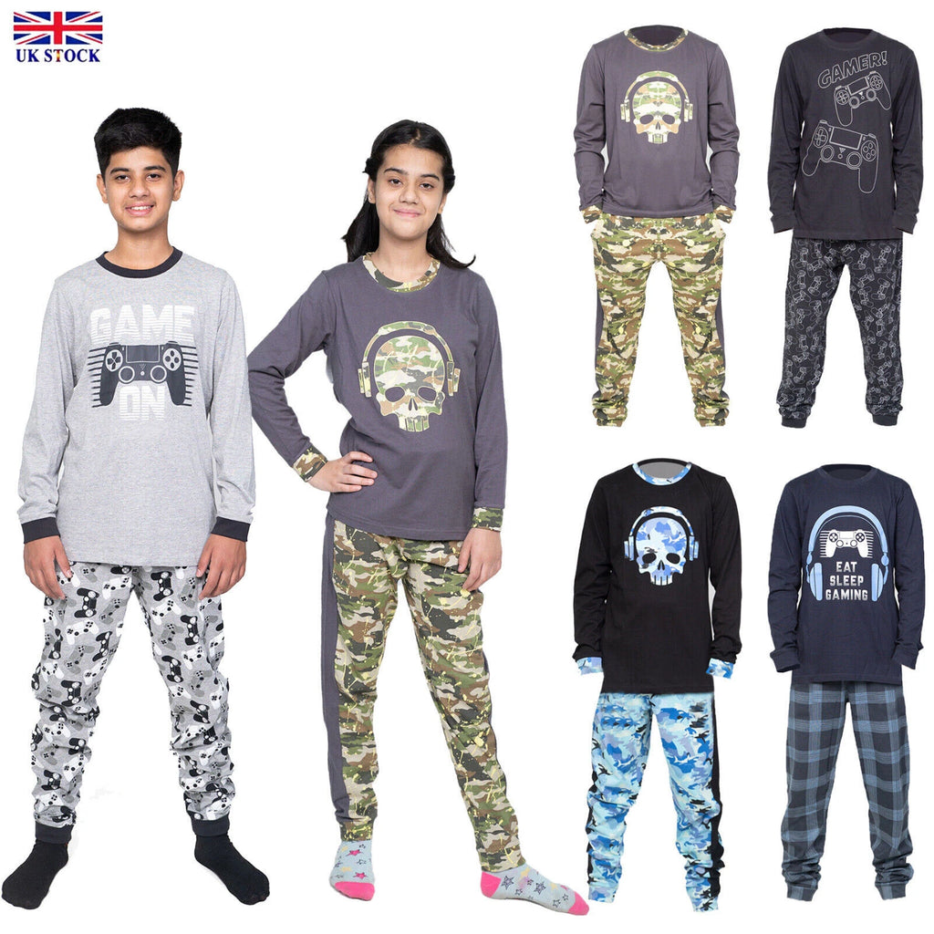 Kids Unisex Boys Girls Long Camo Cotton Gamer Gaming Pyjamas PJ Sets 5-13 Years