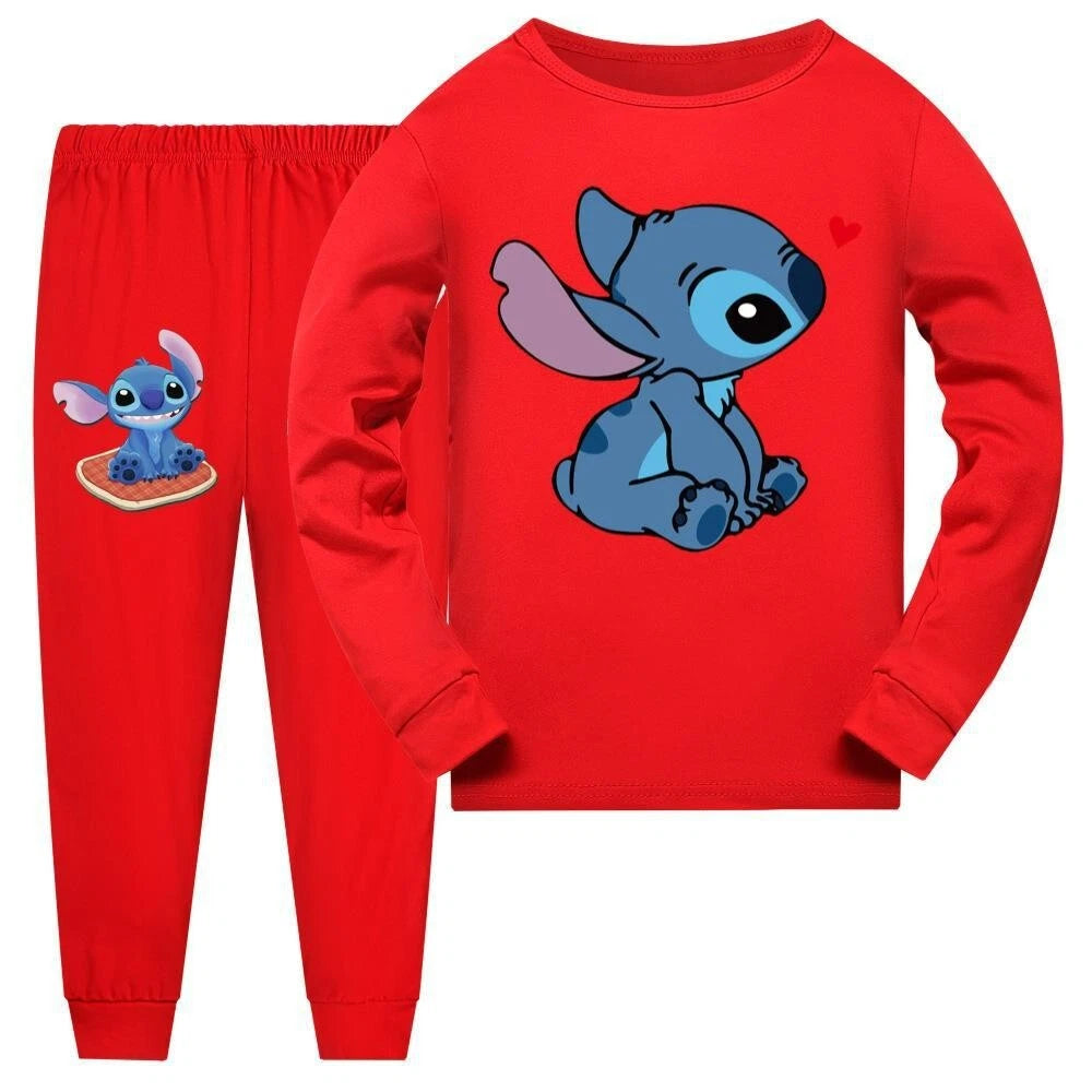 Stitch 5-13 Year Old Girls' Pajama Set, Boys' Cartoon Round Neck Long Sleeve Set