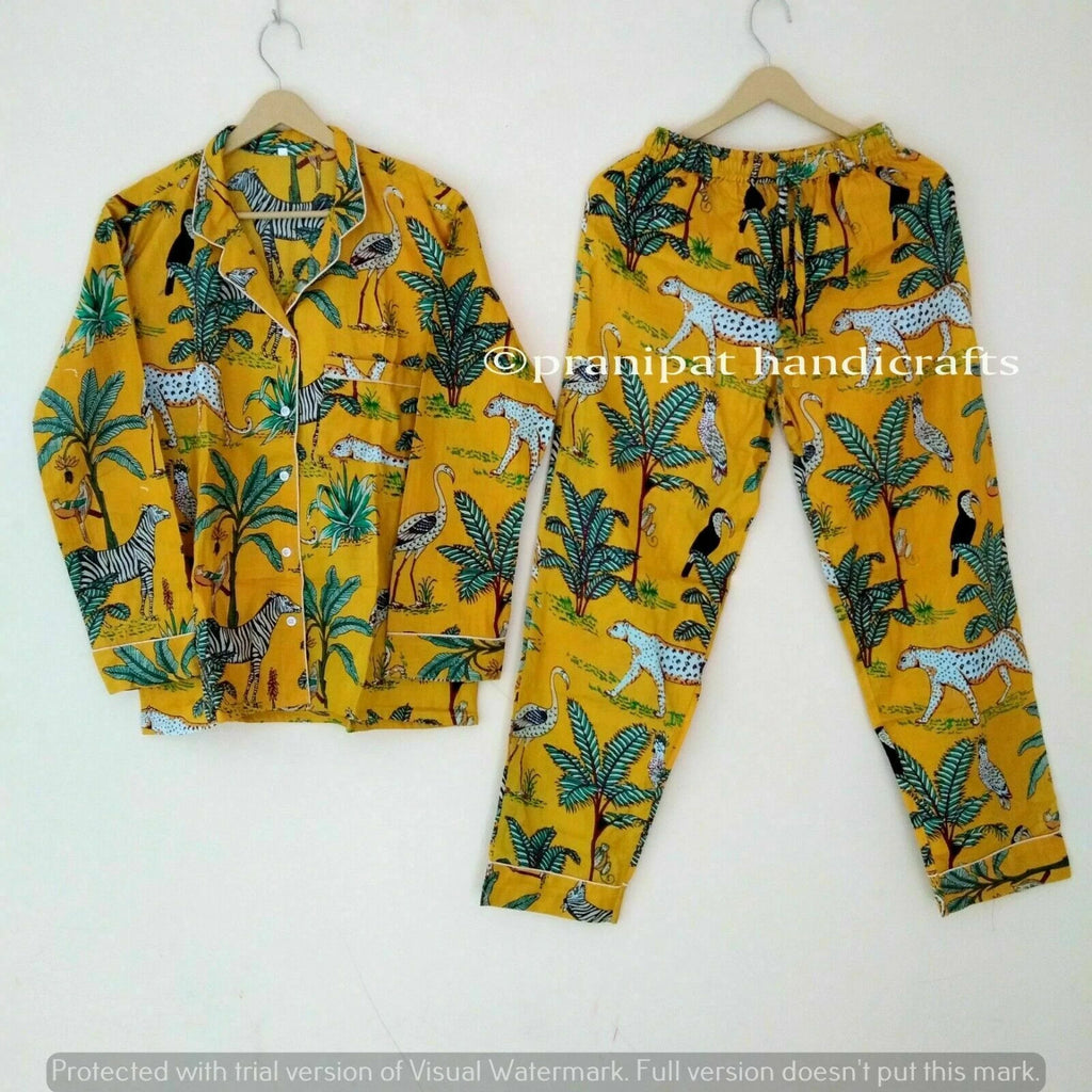 Indian Animal Printed Cotton Yellow Hippie Women Gypsy Sleepwear Boho Pajama set