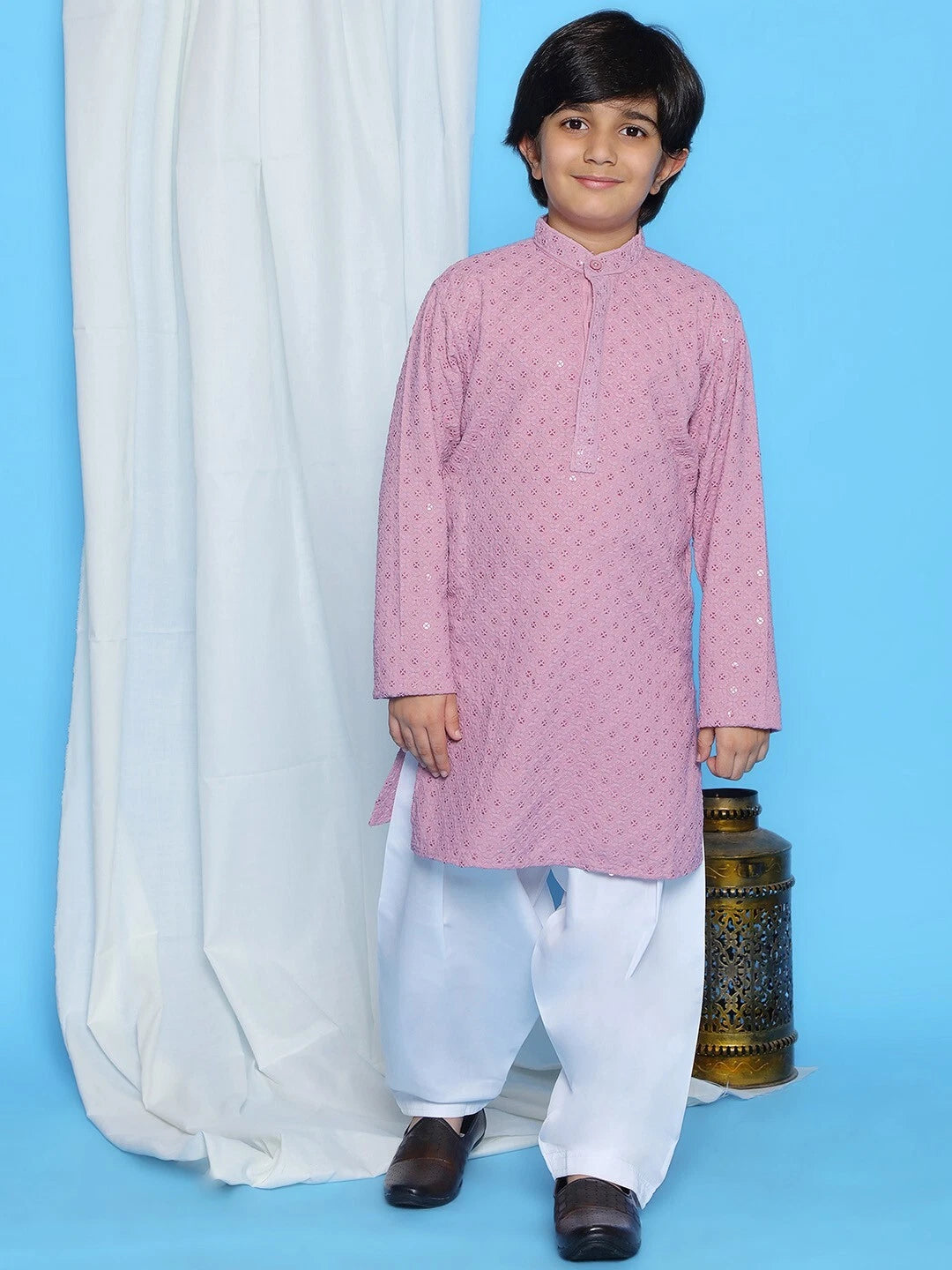 Kids Ethnic Mirror Work Cotton Kurta Pyjama Set/Party Wear Chikankari Kurta