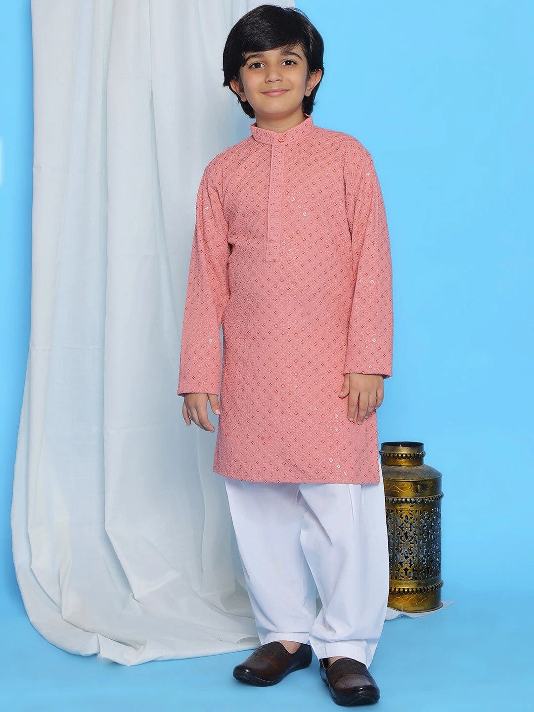 Kids Ethnic Mirror Work Cotton Kurta Pyjama Set/Party Wear Chikankari Kurta