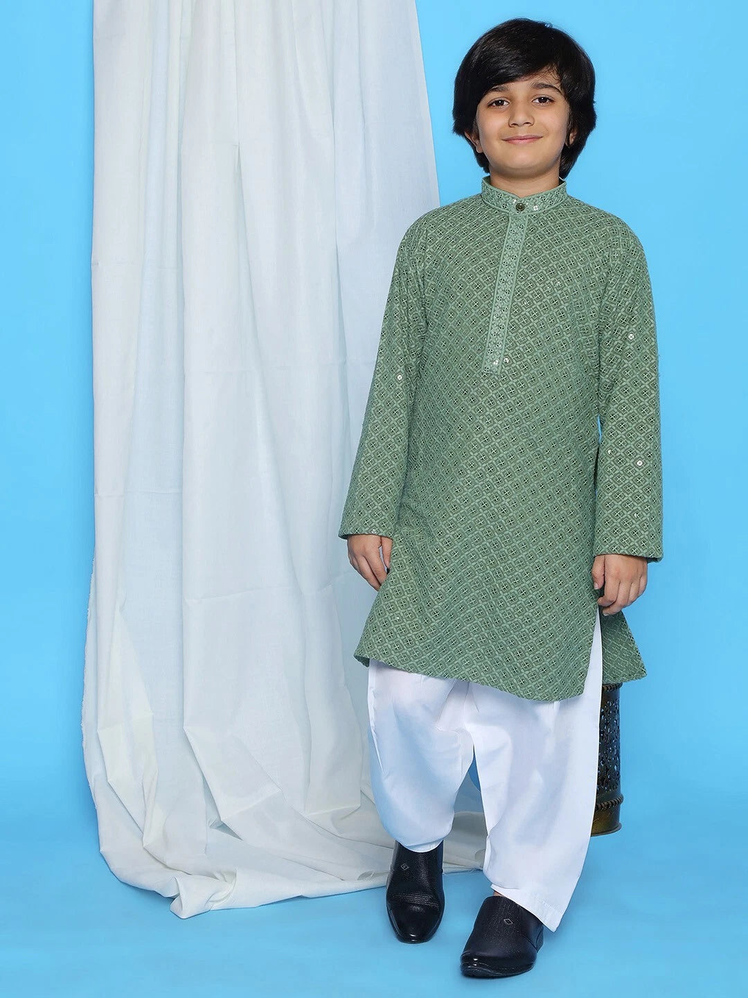 Kids Ethnic Mirror Work Cotton Kurta Pyjama Set/Party Wear Chikankari Kurta
