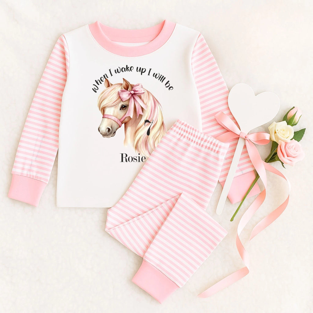 Personalised Children's When I Wake Up I Will Be 1,2,3,4,5 Age Horse Bow Pyjamas