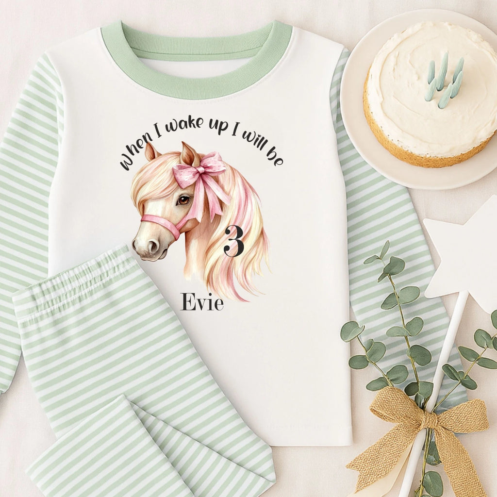 Personalised Children's When I Wake Up I Will Be 1,2,3,4,5 Age Horse Bow Pyjamas