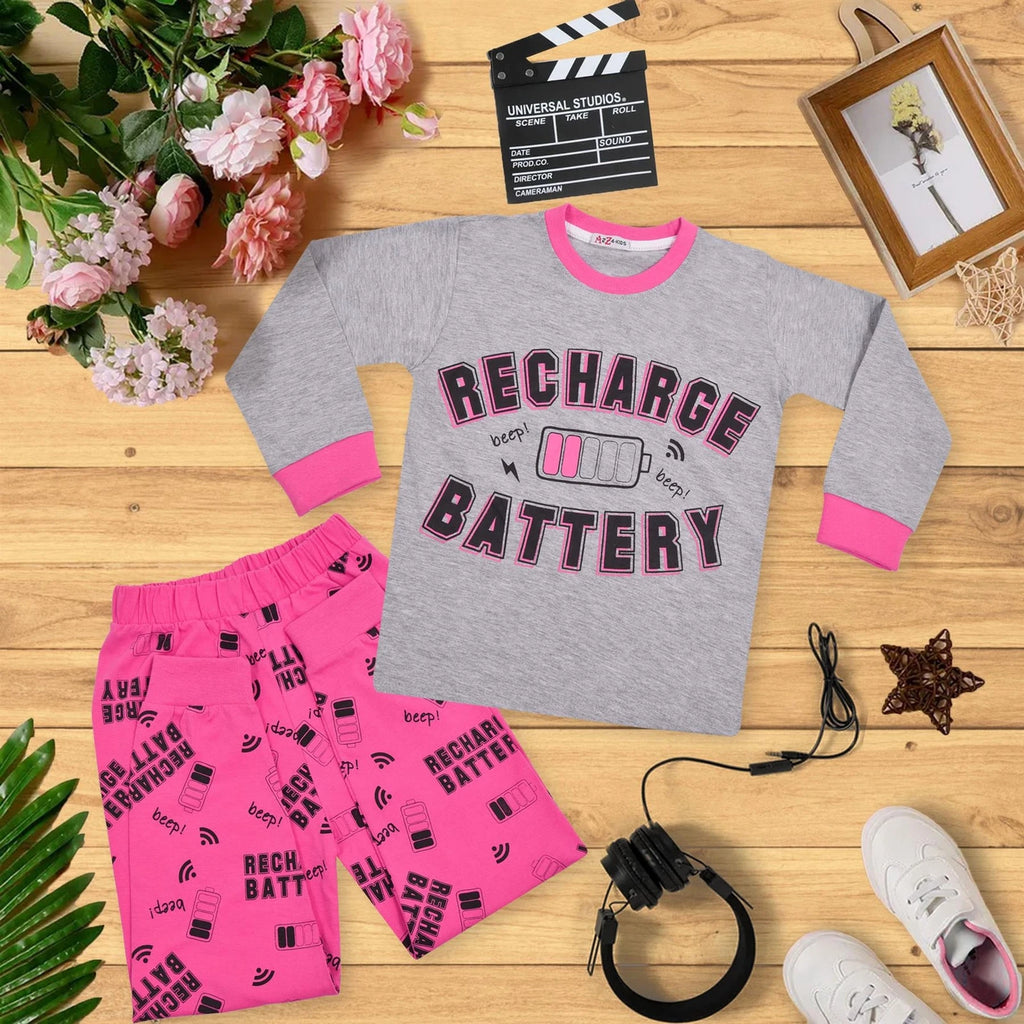 Kids Girls Pyjamas RECHARGE BATTERY Print Top Bottom Shorts Set