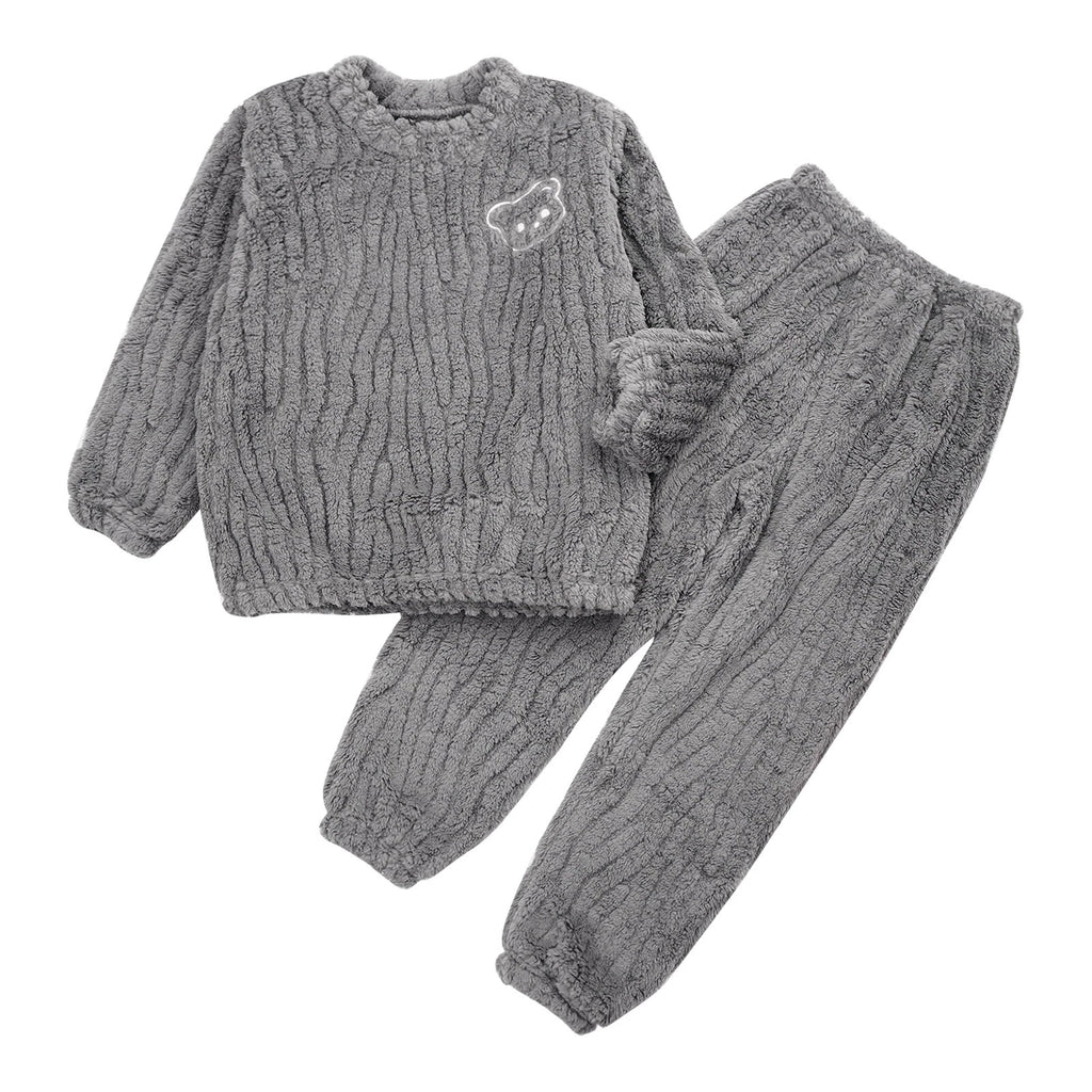 Kids Pajamas Set Flannel Sleepwear Bear Tops Pullover with Plush Pants Trousers