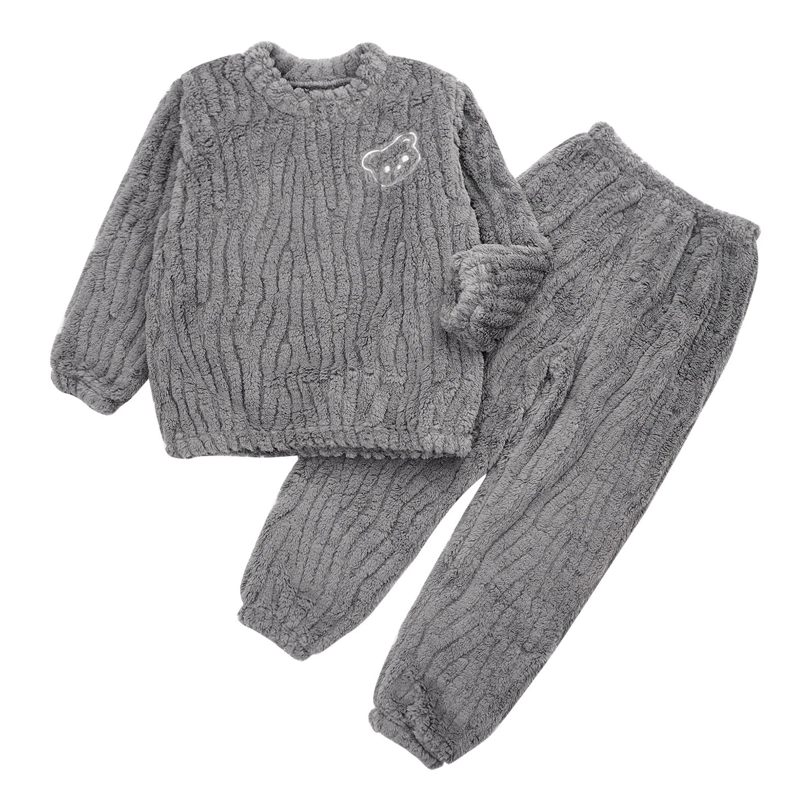 Kids Pajamas Set Flannel Sleepwear Bear Tops Pullover with Plush Pants Trousers