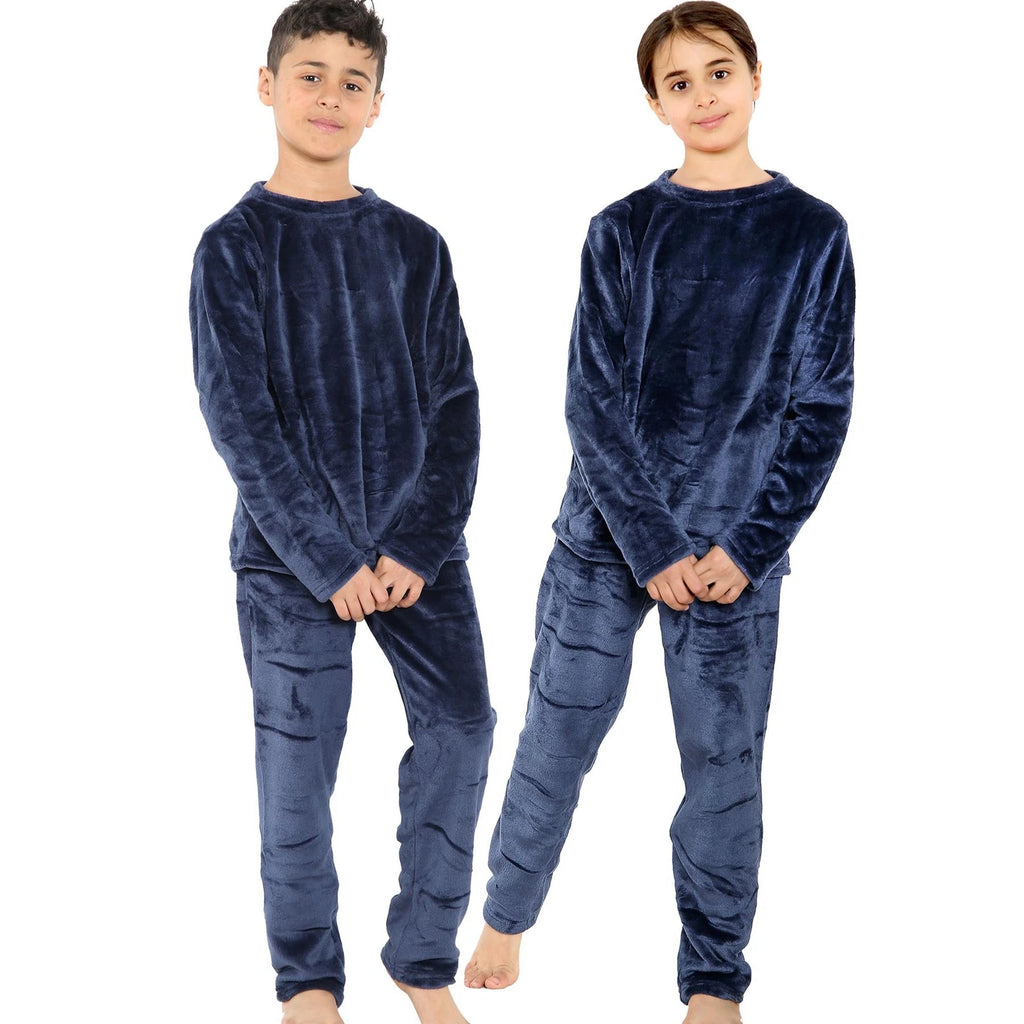Kids Girls Boys Navy Warm Fleece Pyjamas Sleepover 2 Piece Gift Set 5-13 Years