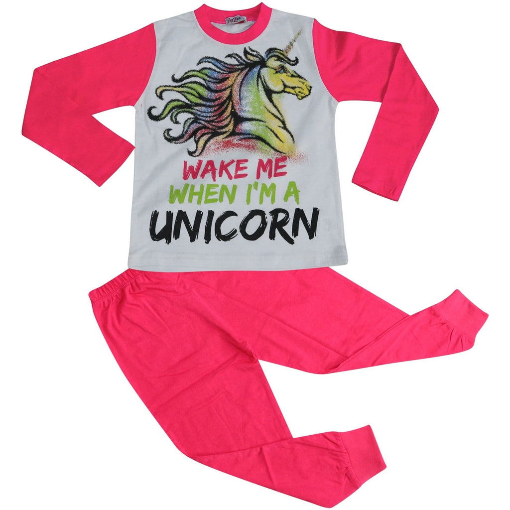 Kids Girls Wake Me When I'M A Unicorn Pyjamas Nightwear Loungewear Pink PJS 5-13