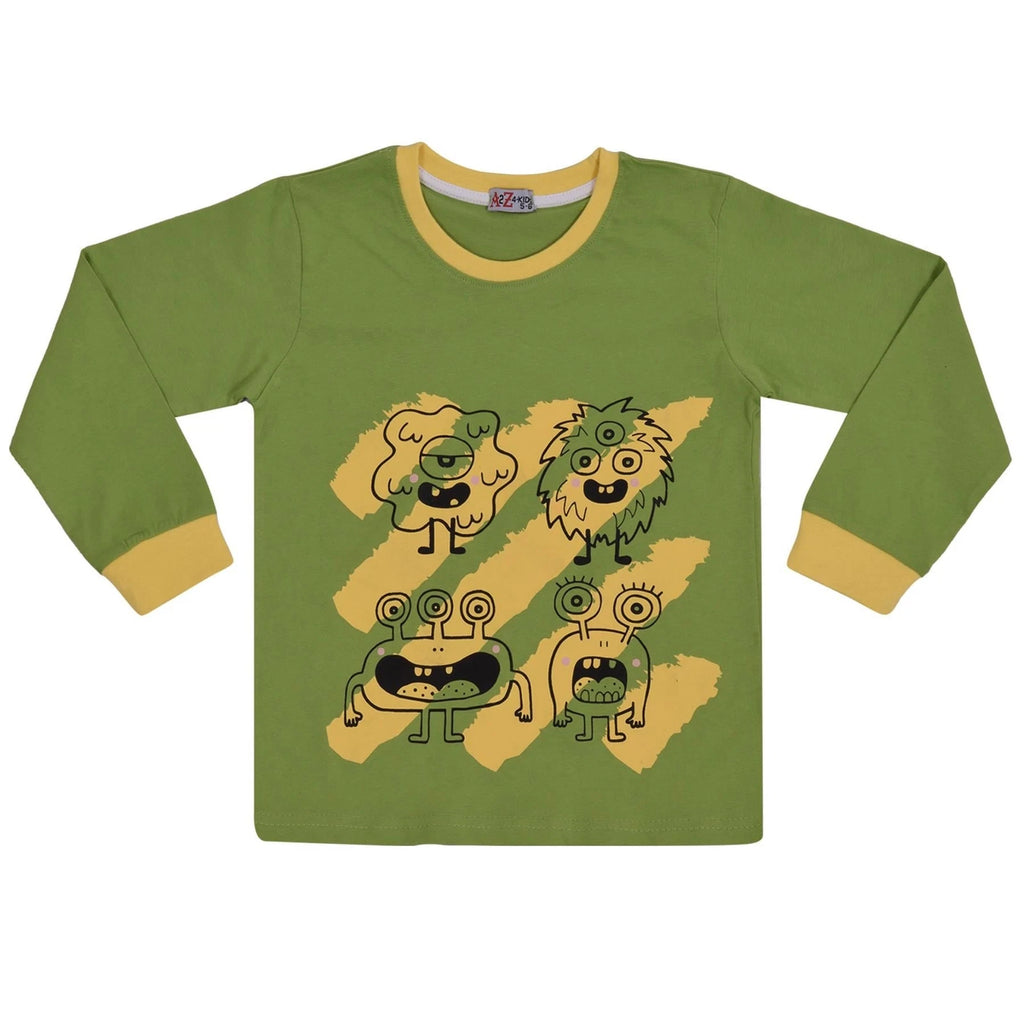 Kids Girls Boys Monster Pyjamas Children Lime 2 Piece Cotton Set