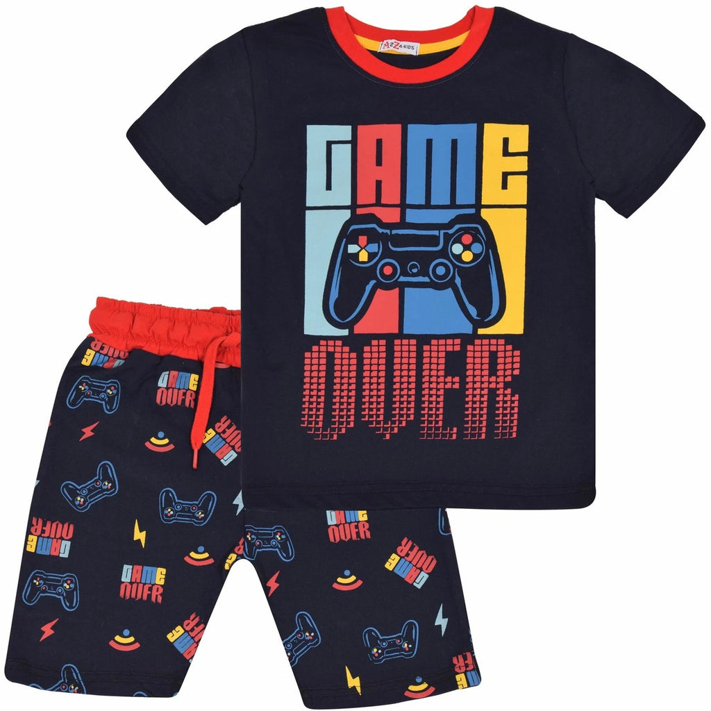 Kids Girls Boys Pyjamas Game Over Contrast Top Shorts 2 Piece PJS Sleepwear Set