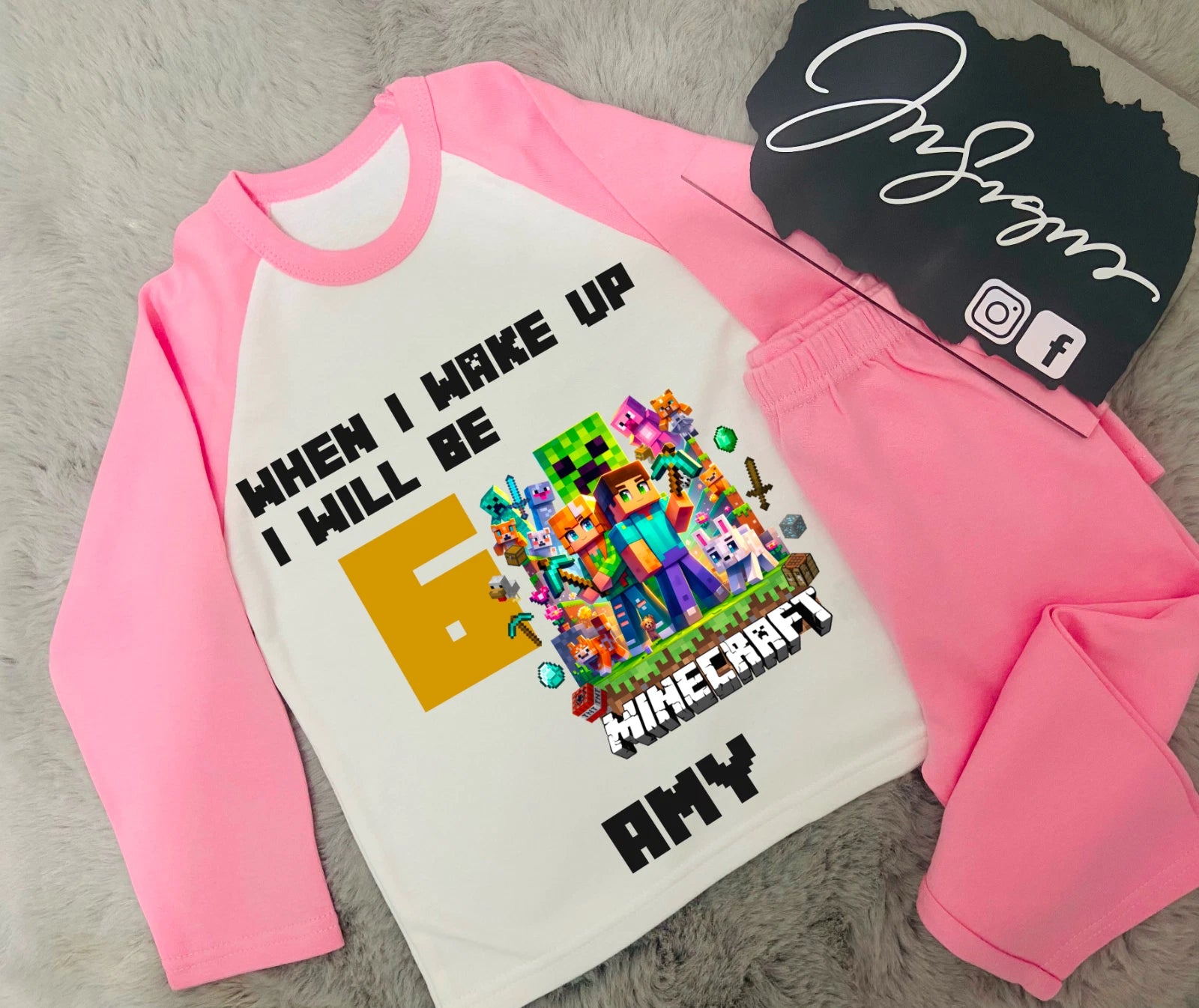 Personalised childrens birthday pyjamas Minecraft theme