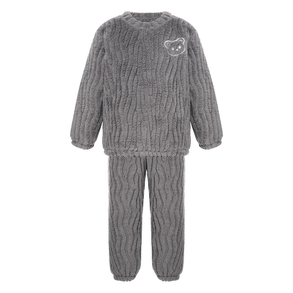 Kids Pajamas Set Flannel Sleepwear Bear Tops Pullover with Plush Pants Trousers