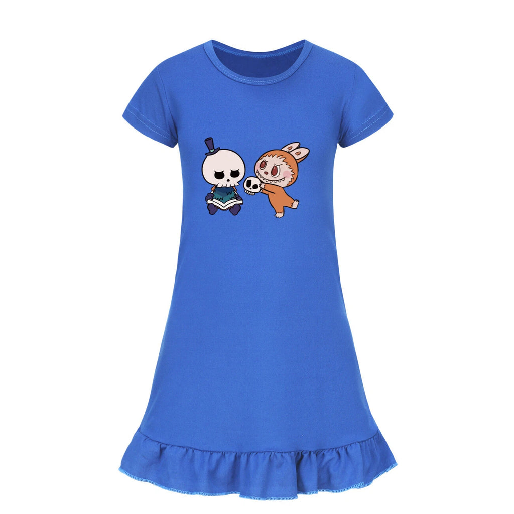 Cartoon Print Girl's Short-Sleeved Pajamas Home Clothes Nightdress Skirt New Hot