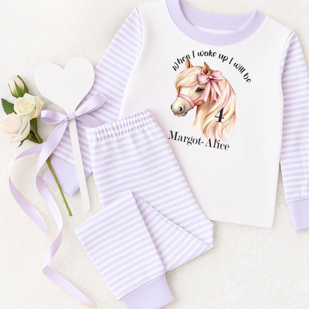Personalised Children's When I Wake Up I Will Be 1,2,3,4,5 Age Horse Bow Pyjamas