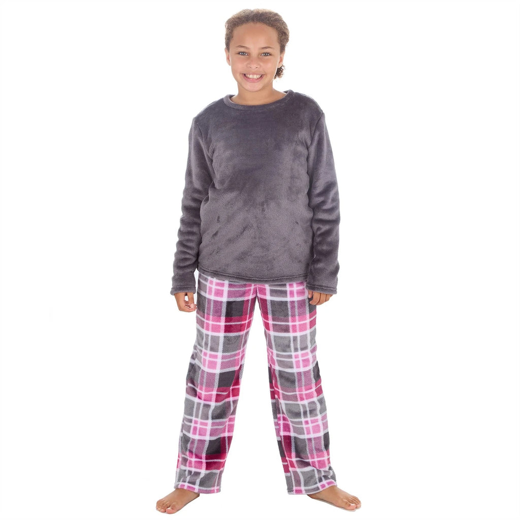 Girls Kids Fleece Pyjamas Check/Hearts Pyjama Set Childs PJs Age 9-13 Years