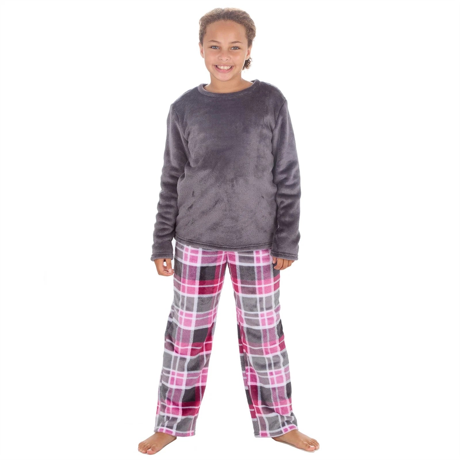 Girls Kids Fleece Pyjamas Check/Hearts Pyjama Set Childs PJs Age 9-13 Years