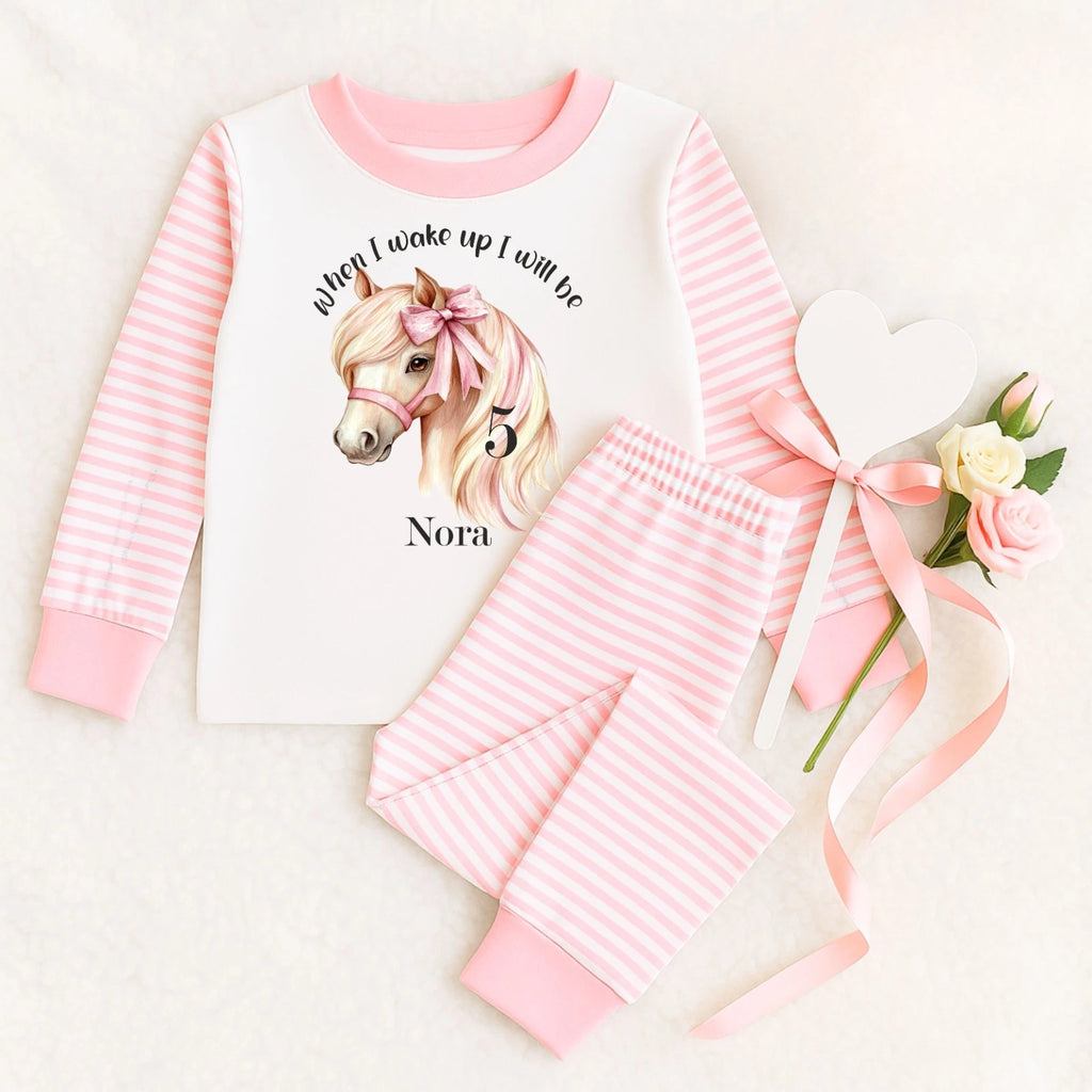 Personalised Children's When I Wake Up I Will Be 1,2,3,4,5 Age Horse Bow Pyjamas