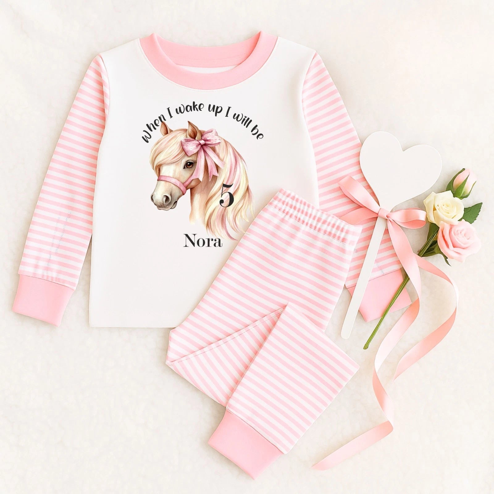 Personalised Children's When I Wake Up I Will Be 1,2,3,4,5 Age Horse Bow Pyjamas