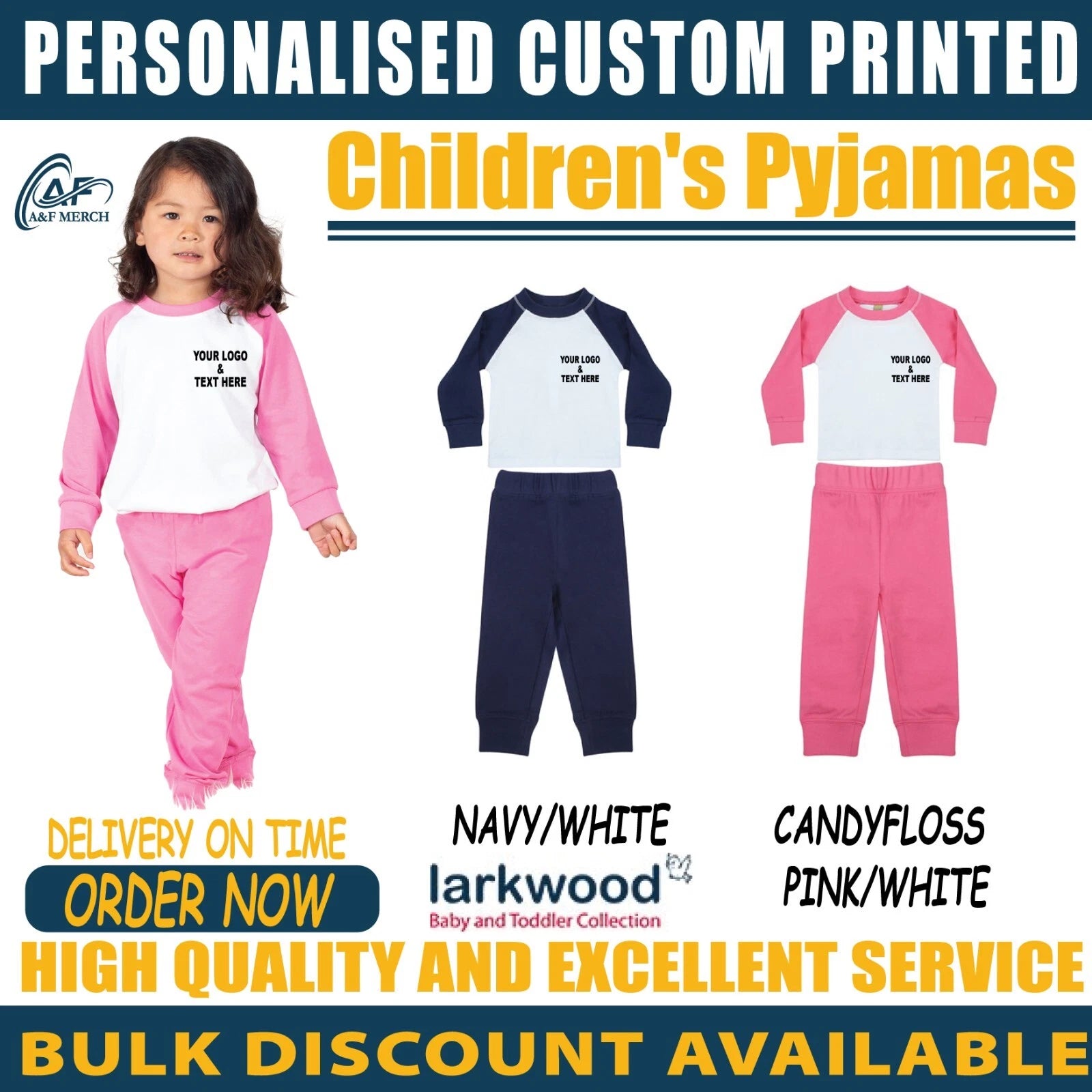 Personalised Custom Larkwood Children Pyjamas Toddler Kids Baby Nightwear LW71T