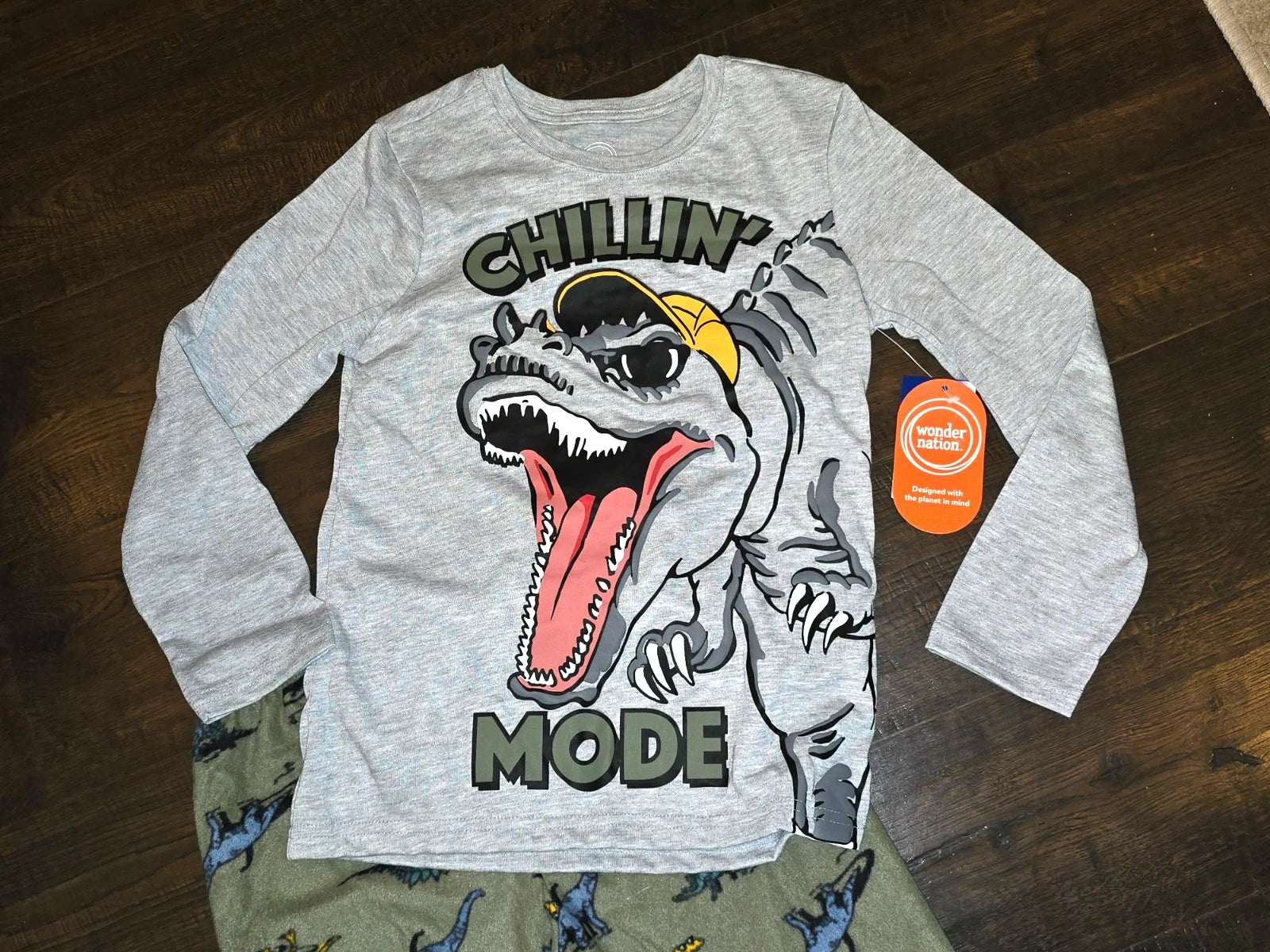 Wonder Nation Boys Dino Long Sleeve Top and Pants 2-Pc Sleep Set Sz M L 8 10 12