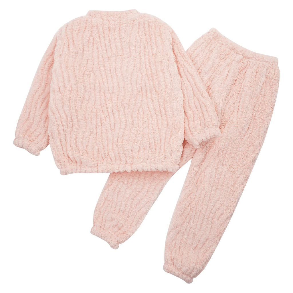 Kids Pajamas Set Flannel Sleepwear Bear Tops Pullover with Plush Pants Trousers