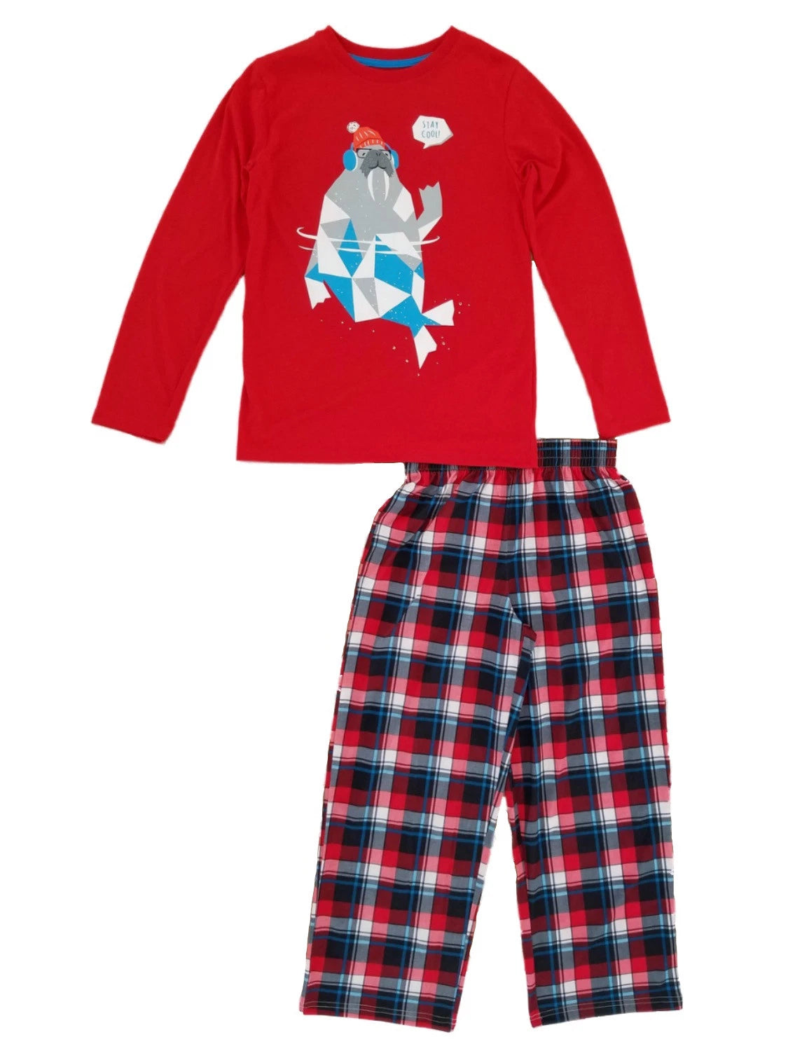 Boys 2-Piece Red & Plaid Stay Cool Walrus Sleepwear Pajama Set Medium