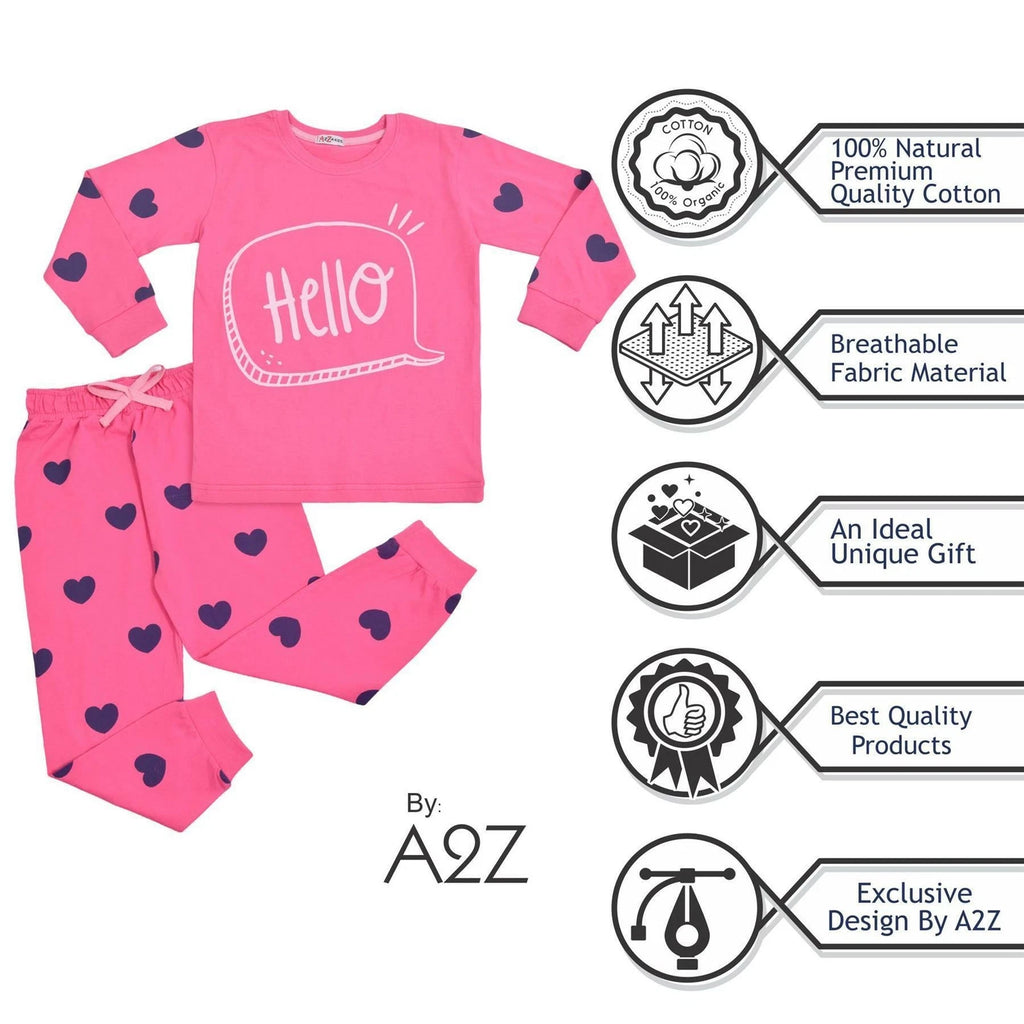 Kids Girls Hello Pyjamas Children Pink PJs 2 Piece Cotton Set Lounge Suit