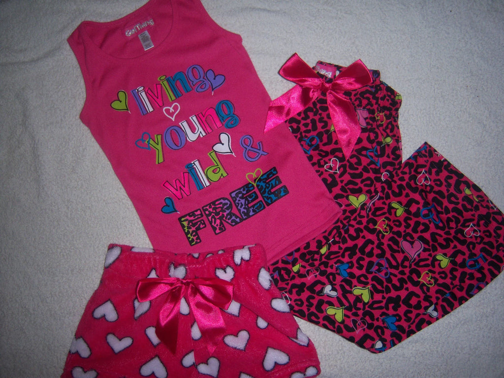 Girl Thing Brand 3 Piece PJ Pink Purple Shorts Pants Tops Set Size XS(4/5) NEW