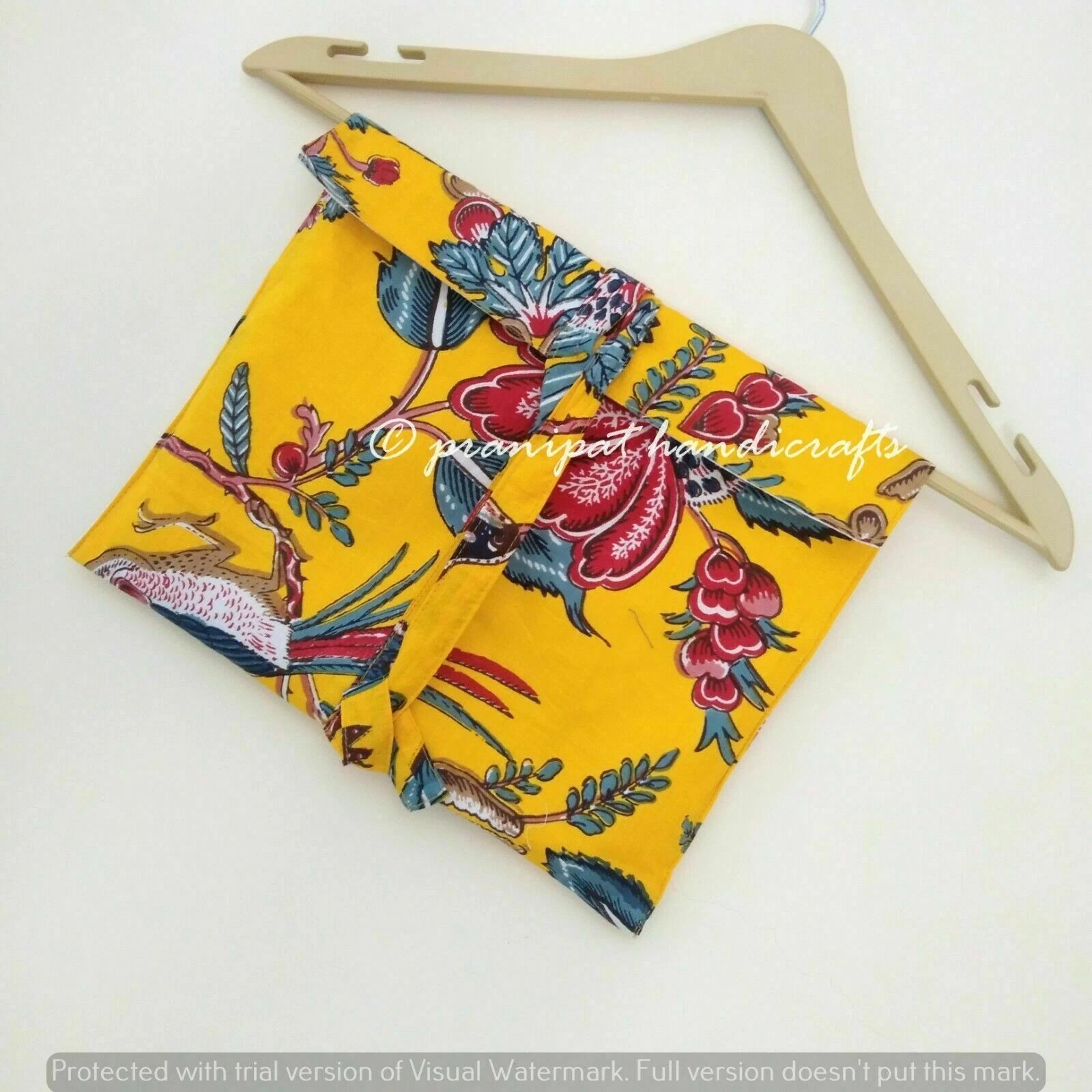 Indian Peacock Printed Cotton Yellow Hippie Women Gypsy Top-Pajama set Sleepwear