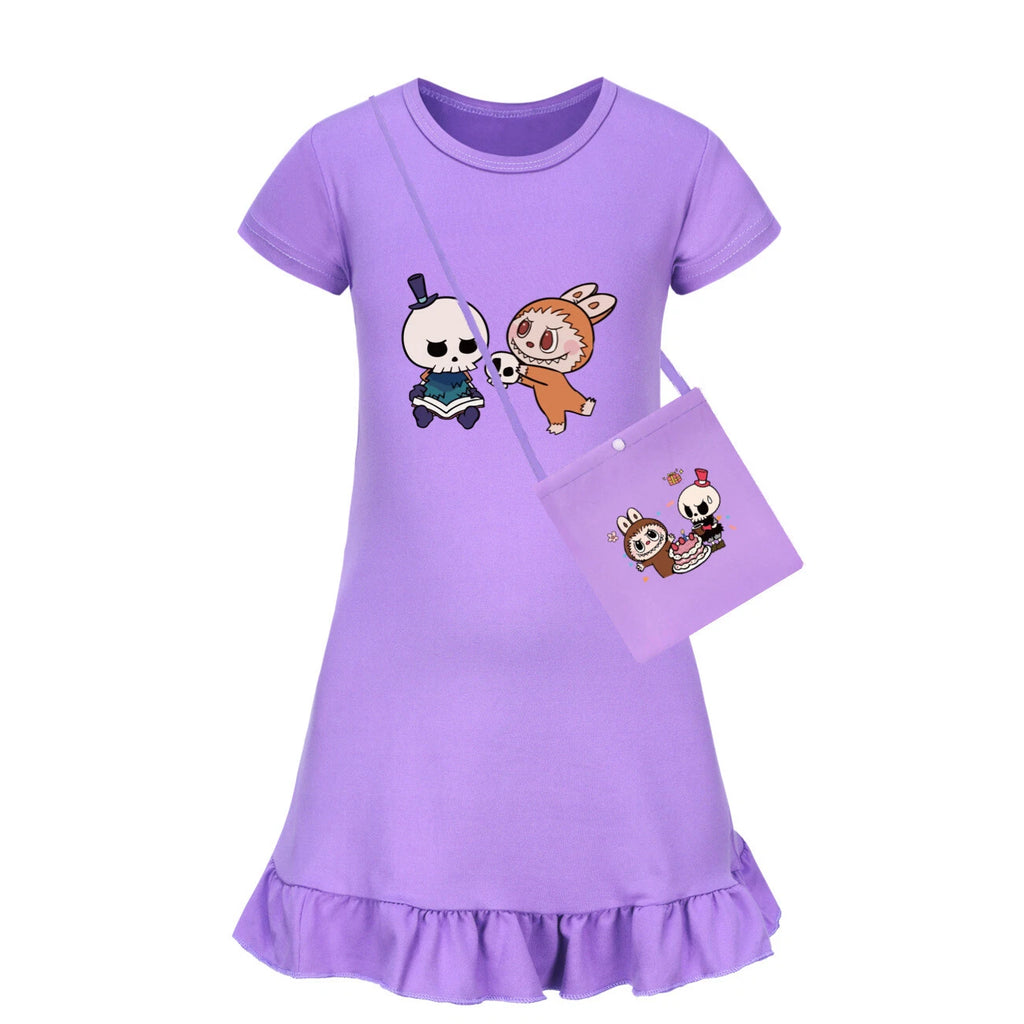 Cartoon Print Girl's Short-Sleeved Pajamas Home Clothes Nightdress Skirt New Hot