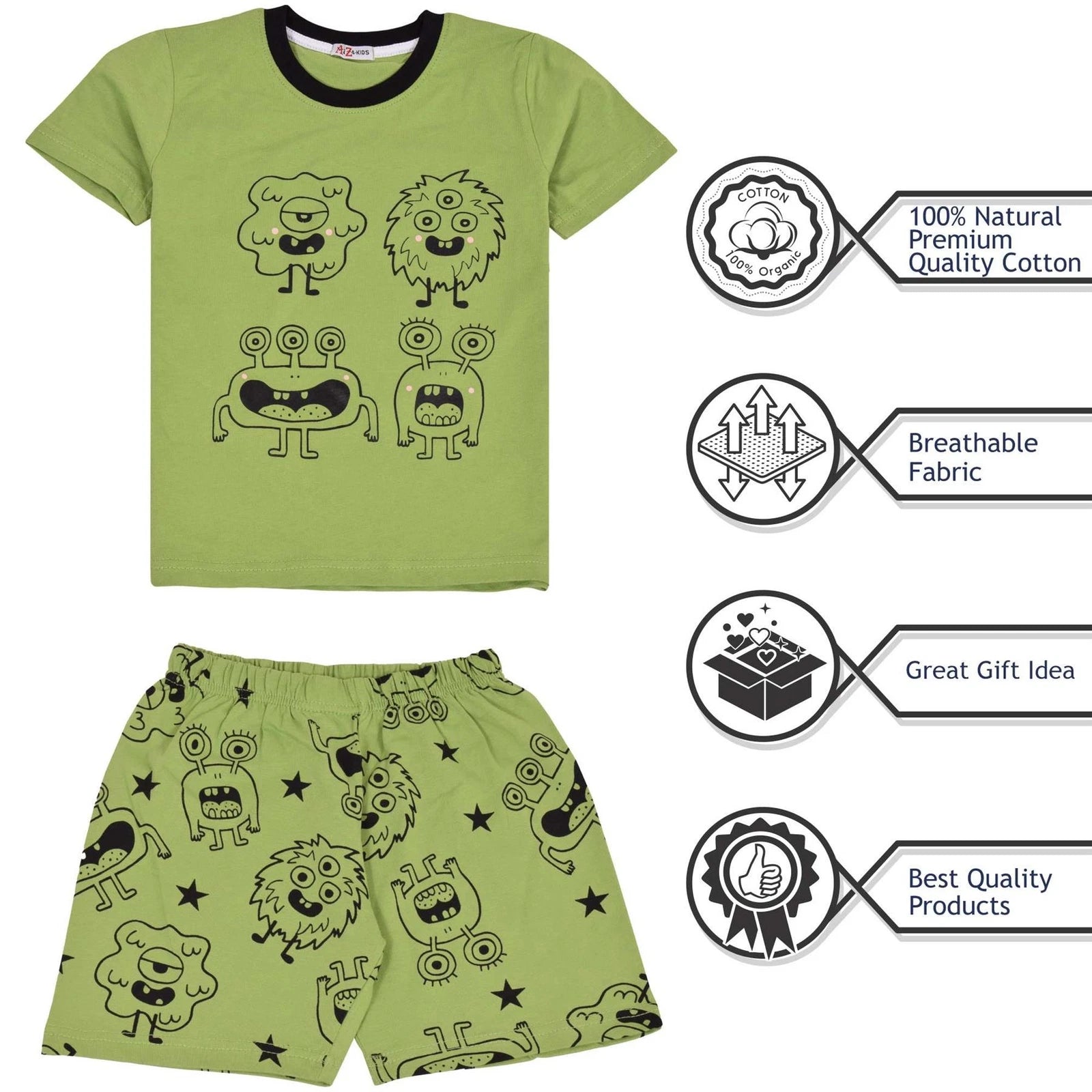 Kids Girls Boys Monster Pyjamas 2 Piece Cotton Set Age 5-13 Year