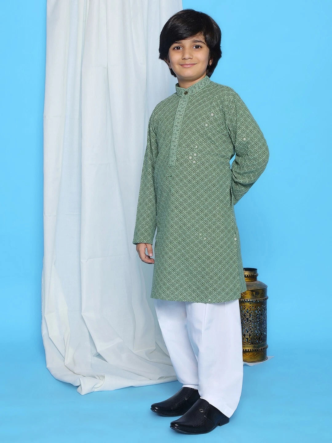 Kids Ethnic Mirror Work Cotton Kurta Pyjama Set/Party Wear Chikankari Kurta