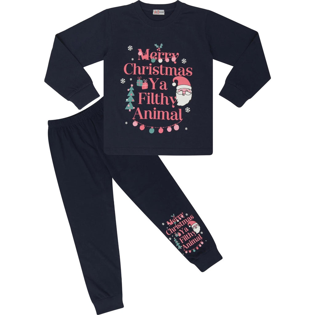 Kids Girls Christmas Pyjamas Navy Ya Filthy Animal PJs Xmas Set Lounge Suit 2-13